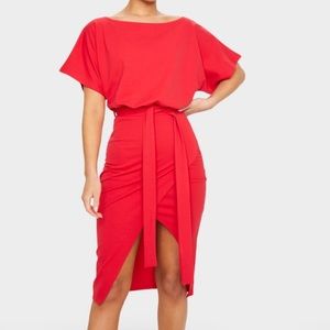 PLT Wrap Front Red Kimono Sleeve Midi Dress